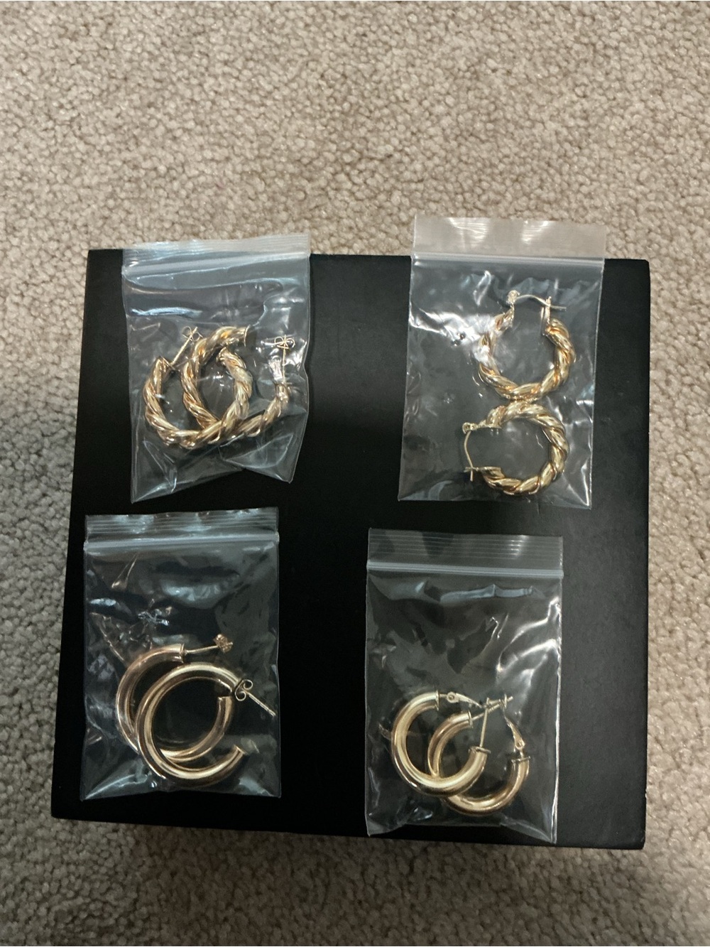 SET of “4” GOLD TONE HOOP EARRINGS- NEW IN BAGS